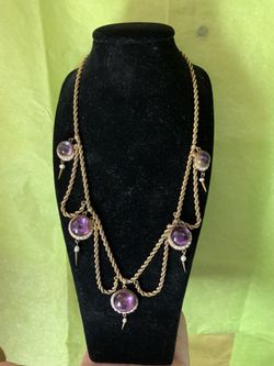 Antique Victorian 14Kt Gold Purple Amethysts & Pearls Festoon Swag Necklace