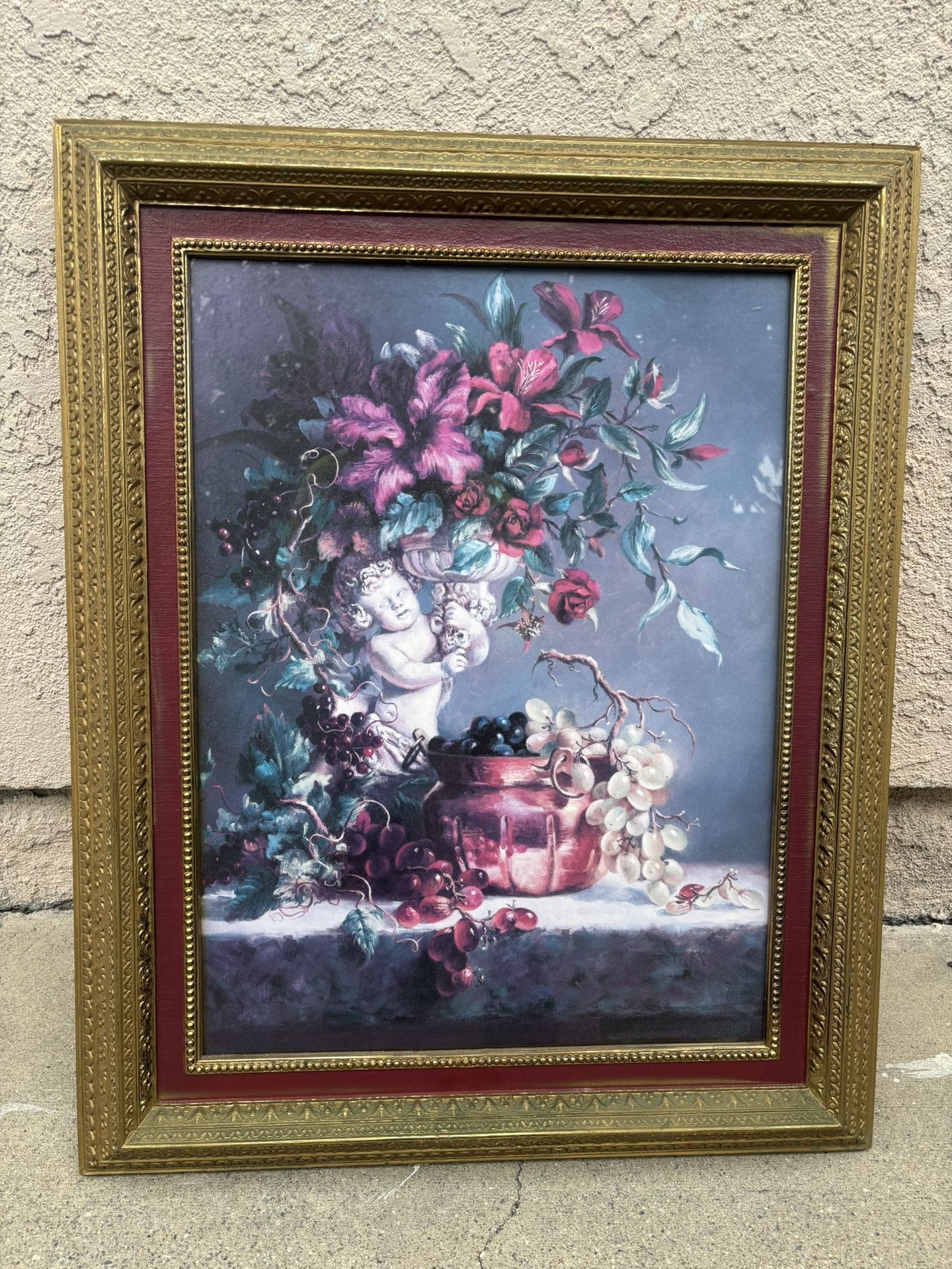 Vintage Home Interior Cherub With Florals-Grapes-Angel Gold Framed 25x 31