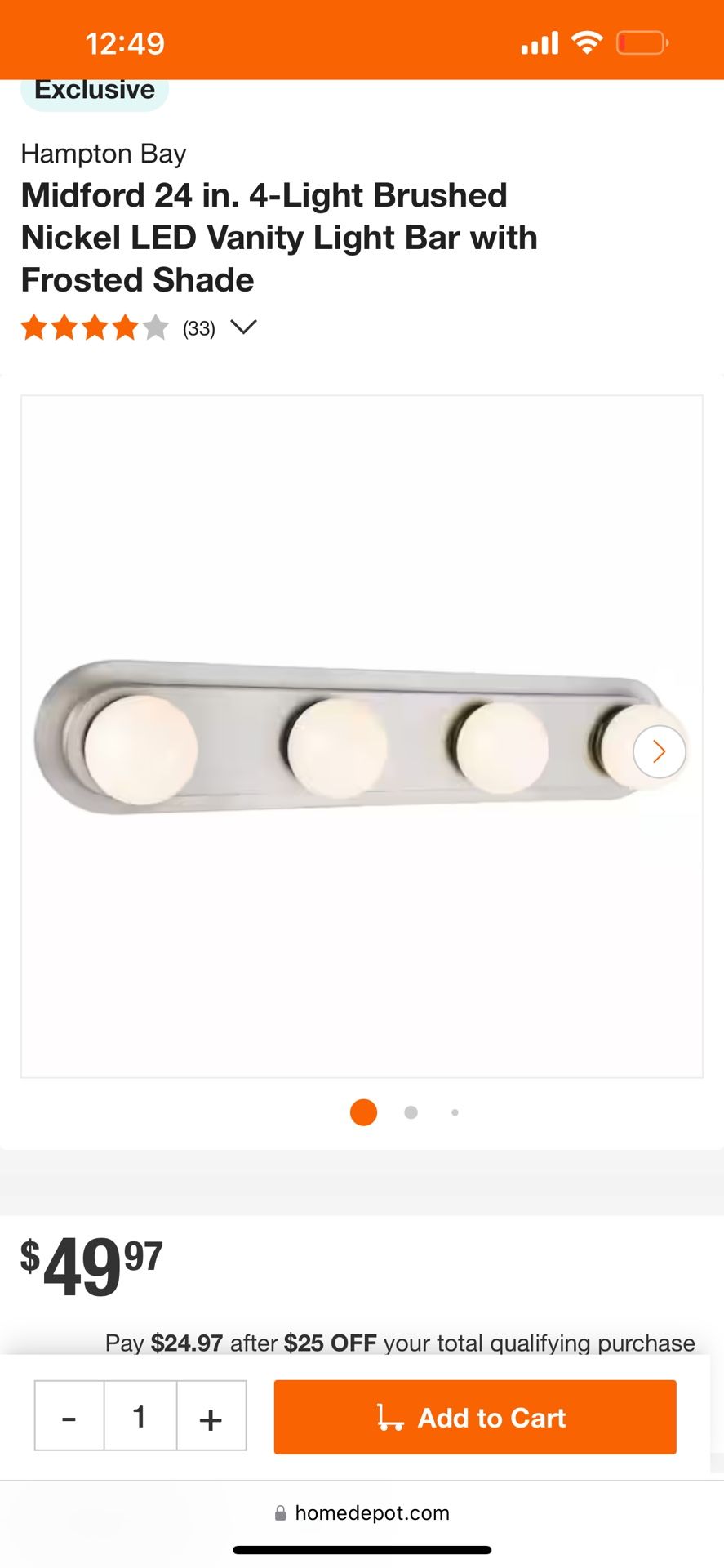 Hampton Bay Midford 24 in. 4-Light Brushed Nickel LED Vanity Light Bar with Frosted Shade
