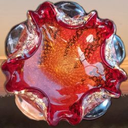 Vintage Murano Art Glass Dish by Barovier & Toso with Sterling Leaf and Ruby Hues