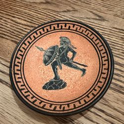 Greek Pottery Small Clay Dish w/Ancient Greek Warrior Hand Made 4”