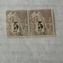 1886 Cochin China Pair 5Cent On 2 Cent Mint Hinge Stamps 
