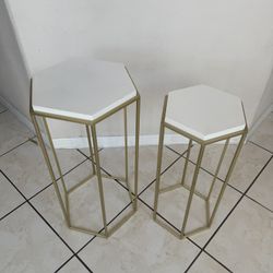 Set of 2 White & Gold Hexagon Accent Tables
