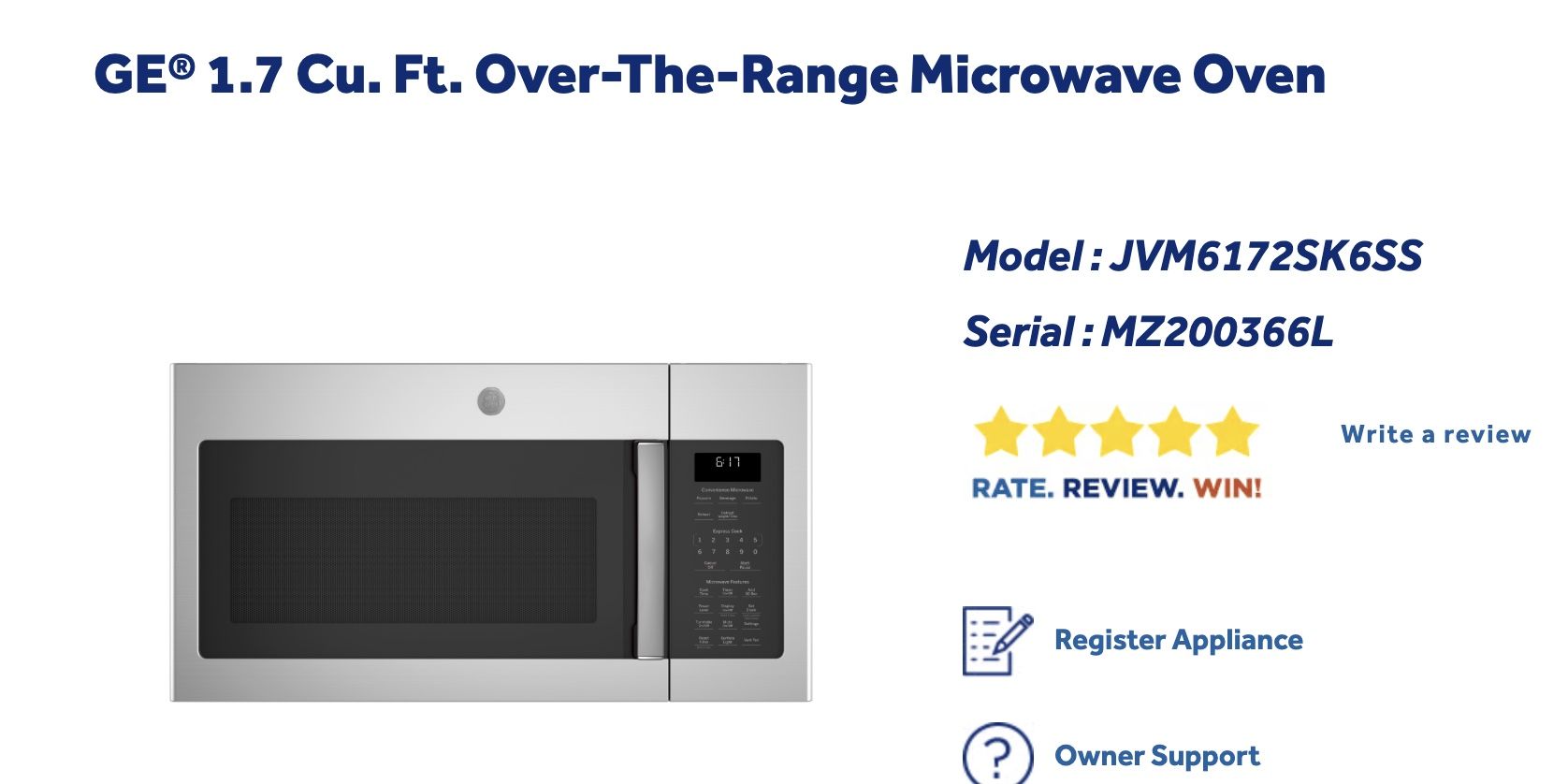 GE® 1.7 Cu. Ft. Over-the-Range Microwave Oven