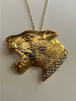 Large Gold Tone Jaguar Pendant Necklace / Pin Brooch - Multi Functional Jewelry