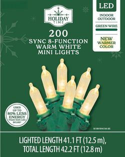 Indoor/Outdoor 200-Count LED 8 Function-Sync Mini Christmas Lights, Warm White, 41.1', Holiday Time.  We have 2 pack in stock.