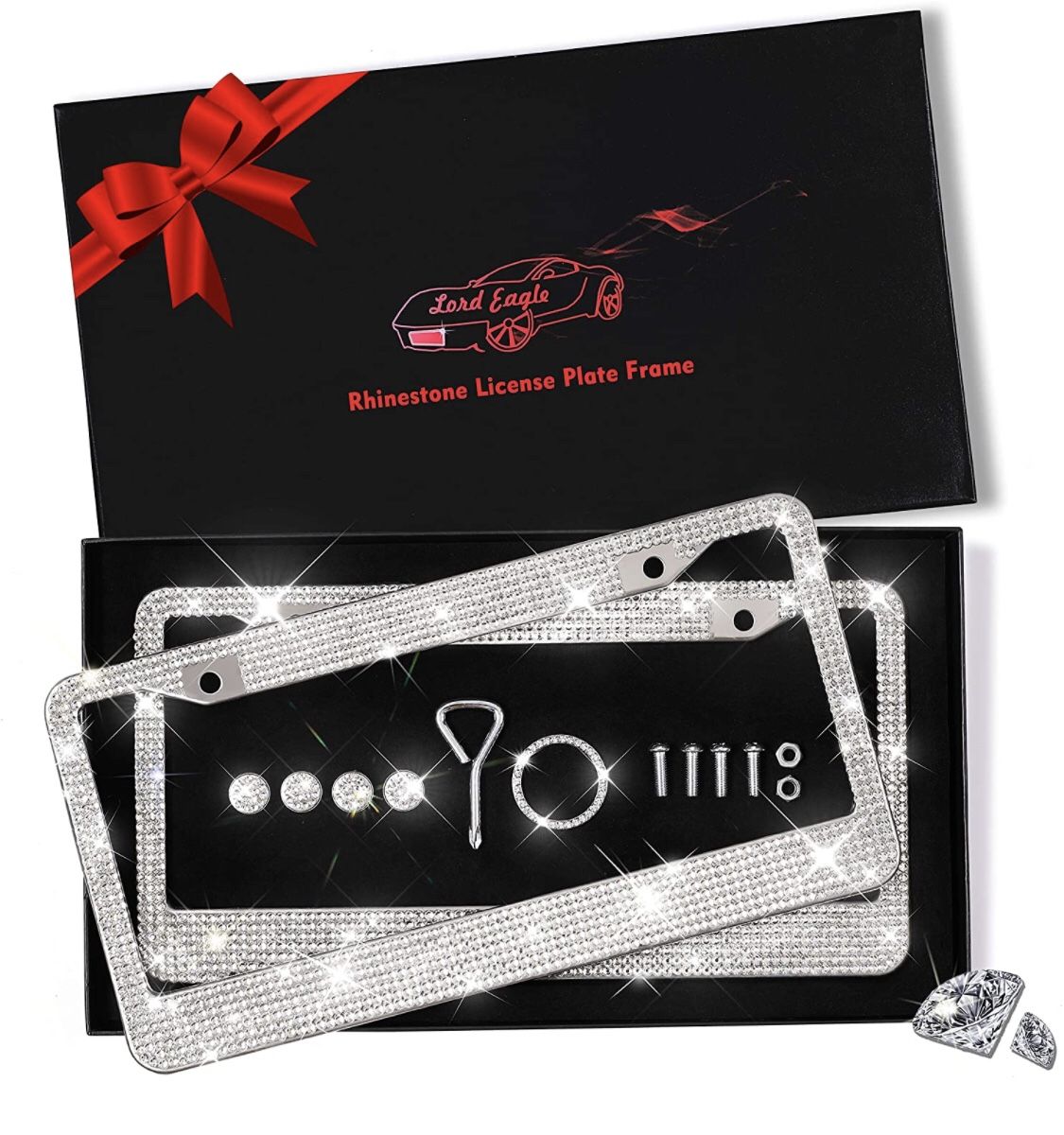 Lord Eagle License Plate Frame, 2 Pack Rhinestone License Plate Frames with GiftBox and 7 Shiny Crystal Rows,Over 1050 pcs 14 Facets SS16 Finest Handc