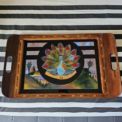 1940sRare Vintage Brazil Butterfly Wing Inlaid Wood Tray - Peacock Art