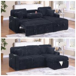 Black Jumbo Corduroy Sectional Sleeper Sofa With Pull Out Bed And USB Port  // Limited Time Offer 