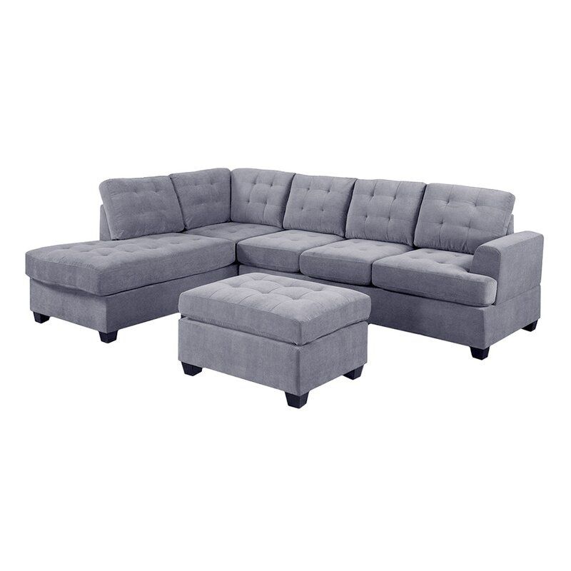 L Shape Sectional 6-7 seater Sofa Set with Storage Ottoman and 2 cup holders, Left Hand Facing Chaise, Gray Color, Linen Upholstery Material.