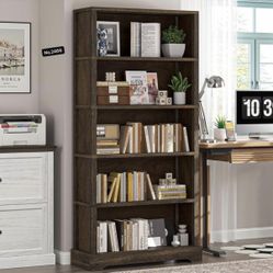 5-Tier Solid Wood Book Shelf, Floor Standing Bookcase, Farmhouse Style Book Case with Arched Base, Suitable for Living Room, Study, Office, Rustic Bro