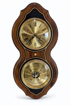 Vintage Bulova Quartz Wall Clock Barometer Thermometer Wood Weather Station
