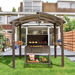 Hardtop Grill Gazebo 8x5FT, Grill Canopy for Outdoor Grill w/Double Galvanized Steel Roof and 2 Side Shelves, BBQ Gazebo Grill Tent for Patio Garden 