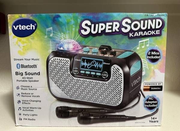 New VTech Super Sound Karaoke Portable Bluetooth, 2 Mics Included, Party Lights