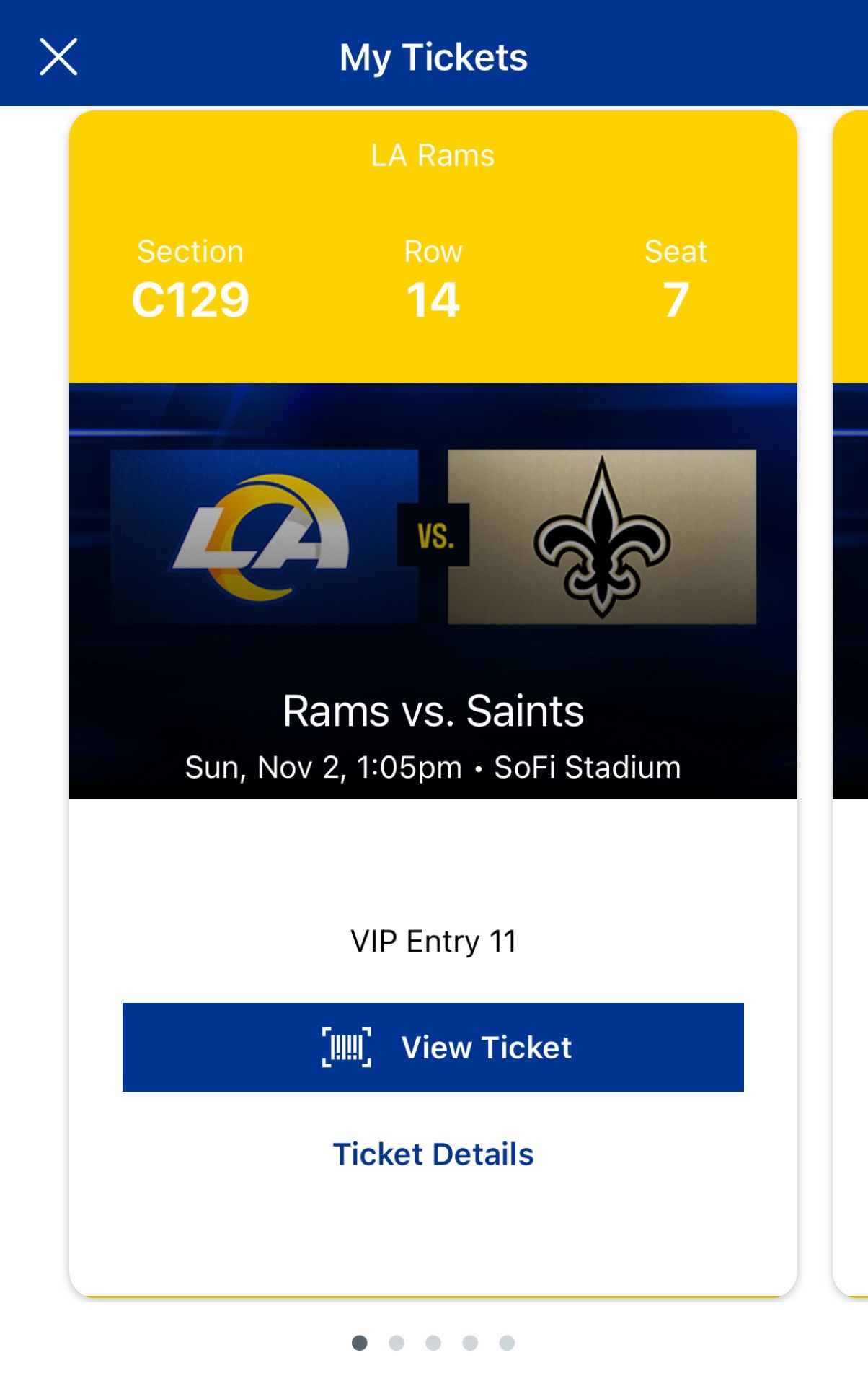 2 TICKETS TO RAMS vs SAINTS 11/02/2025 1:05PM @ SOFI STADIUM VIP ENTRANCE CLUB LEVEL SEATS FOR WAY UNDER FACE VALUE