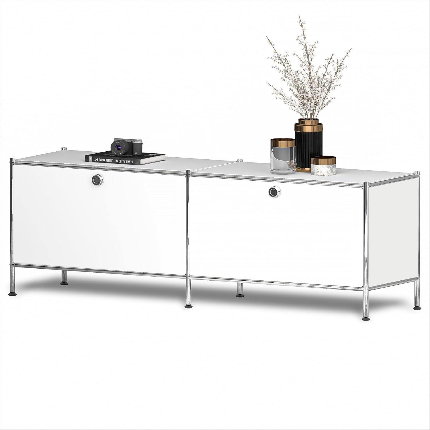 Metal Low Board Storage Cabinet with 2 Flap Doors, Large Capacity, Scratch-Resistant Base, DIY Assembly, Perfect for TV Stand, Home Office, Kitchen, (