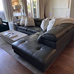 Dark Grey Genuine Leather L-Shape Sectional w/ Storage And Pullout