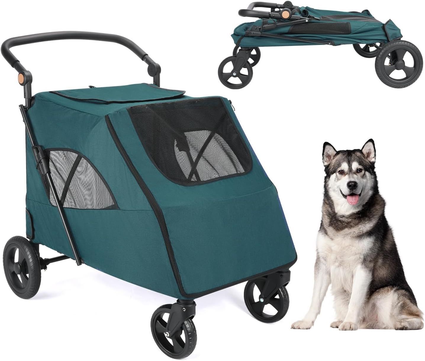 Dog Pet Stroller, Foldable Cart with 4 Wheels, Upto 100 Pounds, Mesh Skylight Pet Stroller for Small to Large Dogs and Other Pet Travel, Storage Space