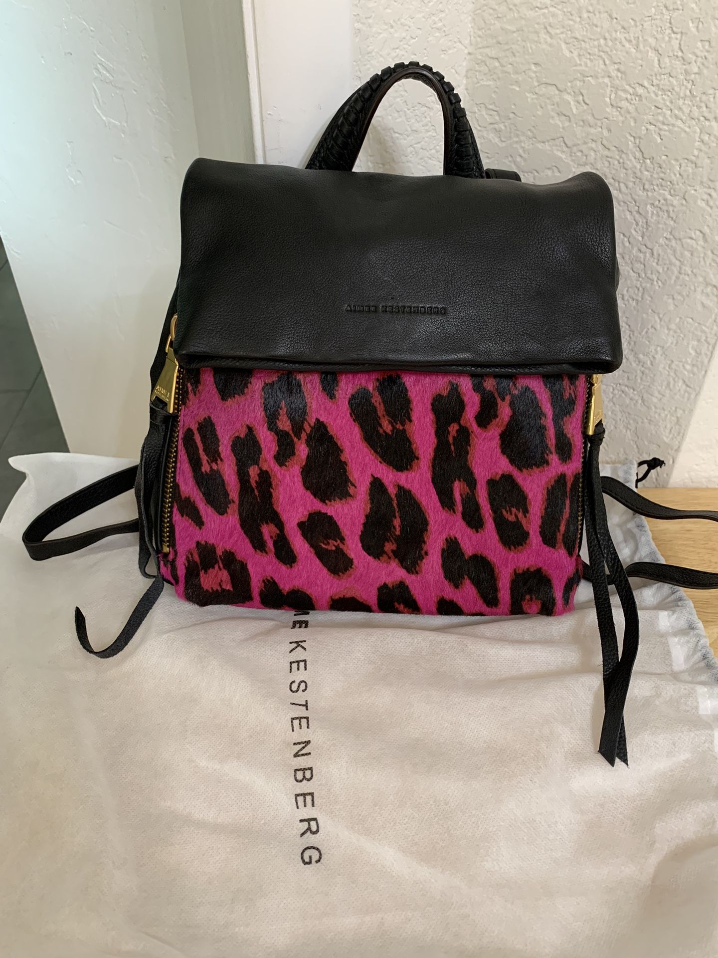 Aimee Kestenberg , Hot Pink Leopard Leather Backpack Bag
