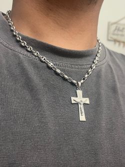 925 Sterling Silver Puffed Mariner Necklace and Cross