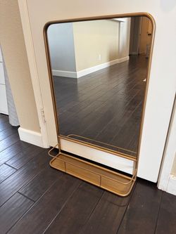 Gold Metal Framed Mirror w/ 5” Shelf