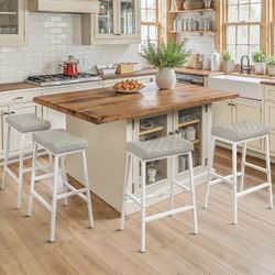 Counter Height Bar Stools Set of 4, Barstools with Thick PU Leather Saddle Seat & White Metal Legs,24Inch Kitchen Counter Stools,Light Beige Grey