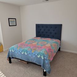 Selling our guest bed: queen mattress, frame, headboard, bedding