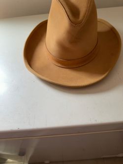 Vtg Unbranded Tan Leather Cowboy Hat Western Ranch Cattleman Style Wide Brim Adult