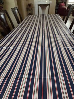 Navy Blue Red White Striped Tablecloth $10