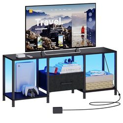 TV Stand with LED Lights, Entertainment Center with Open Shelves and Fabric Drawer, Media Console for 55 Inch TV, Television Stands for Living Room, B