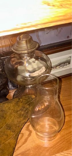 Vintage Kerosene Oil Lamp with Ribbed Base and Plain Glass Bowl with a Chimney