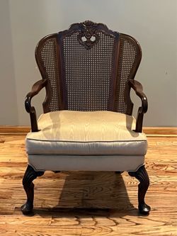 French Country Carved Wood Cane-back Armchair
