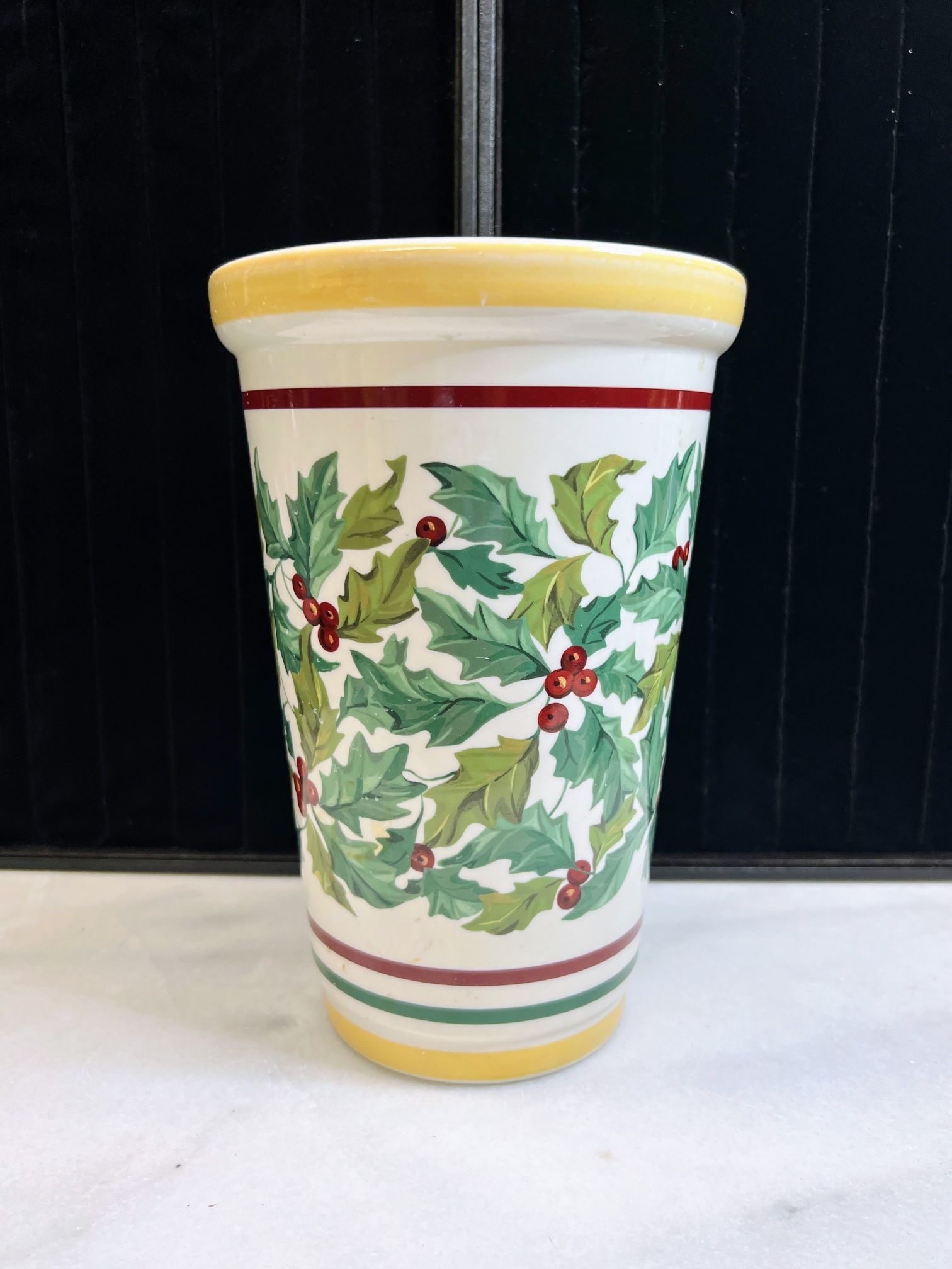 Longaberger American Holly Ceramic Vase Circa 2001 Holiday Edition 