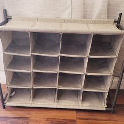 Beige Fabric Shoe Rack Freestanding 16 Compartments Foldable 30x24x13 in4