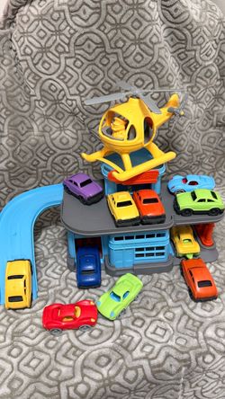 Green toys brand : cars , helicopter , car garage