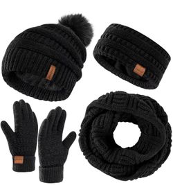 Womens Winter Hat Gloves Scarf Headband Set, Fleece Beanie with Pom Neck Scarf Knit Gloves Ear Warmers, 4-Piece Warm Gift Set