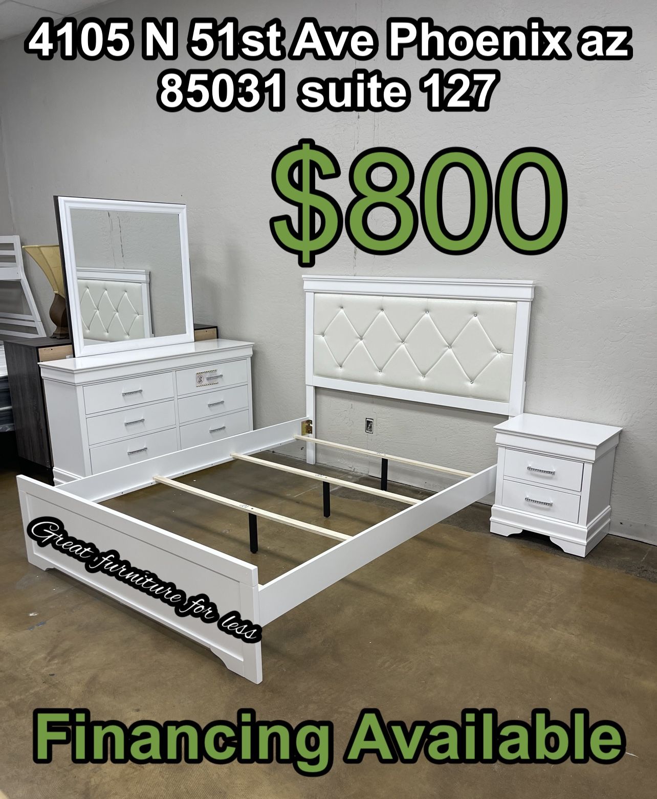 Queen Size Bedroom Set 4 PCs Include Bed Frame Dresser Mirror And Nigstand Brand New