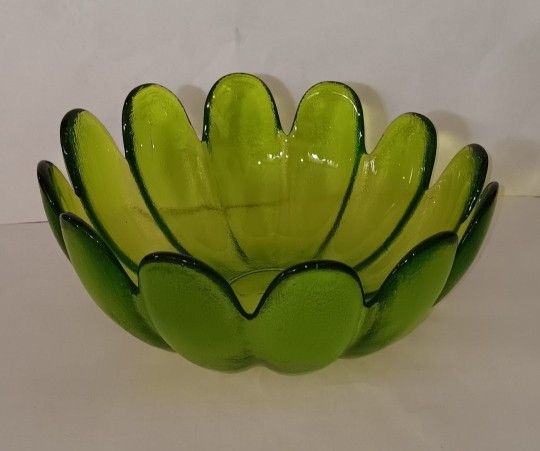MCM Indiana Glass lotus petal vintage retro green glass salad serving bowl 11" x 5" $40 FIRM