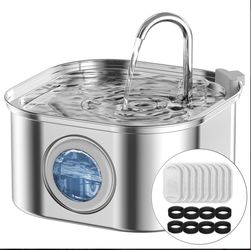 NautyPaws Cat Water Fountain Stainless Steel: 108 oz/3.2L Automatic Pet Water Fountain; 8 Filters