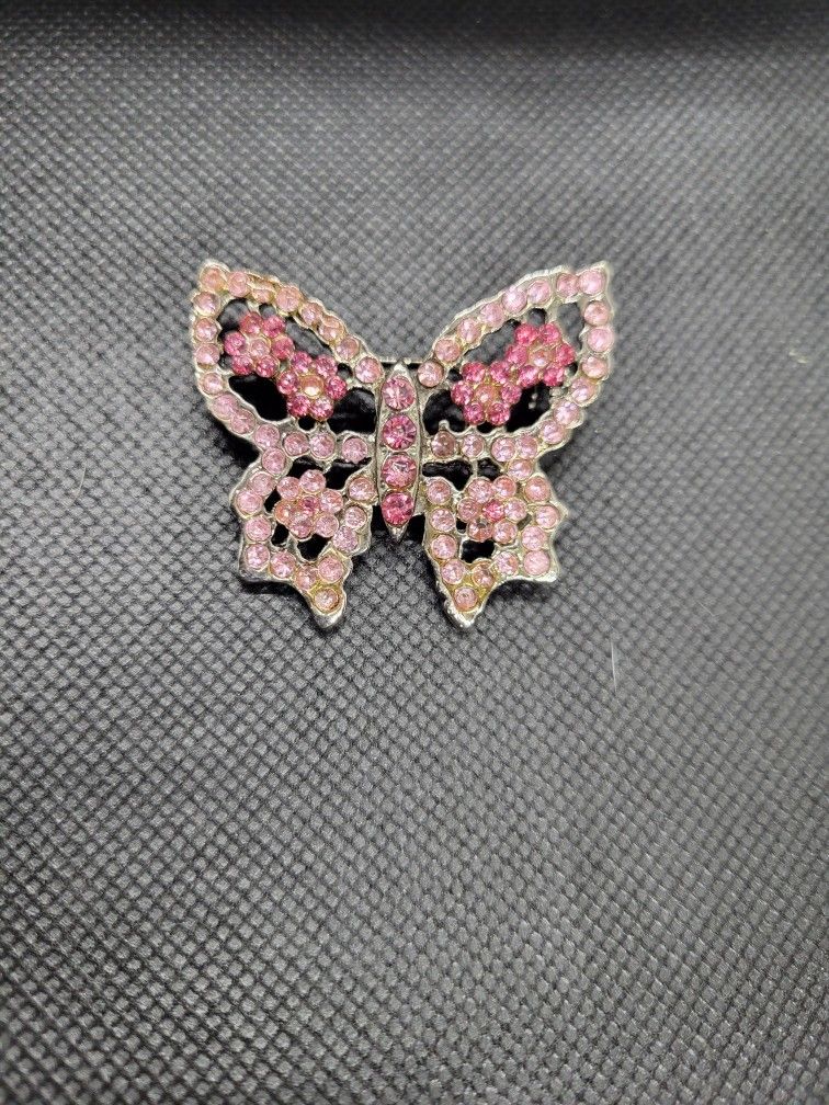 Pink Butterfly With Rhinestone Brooch