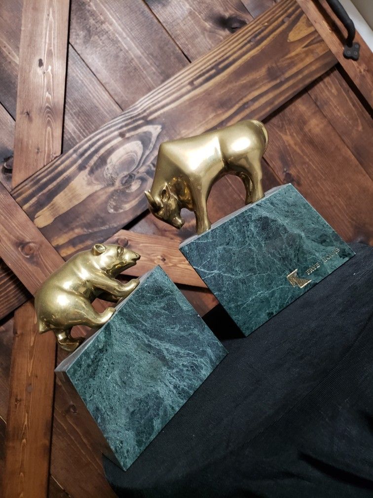 Vintage MCM Brass Bull and Bear Bookends On Green Marble Base