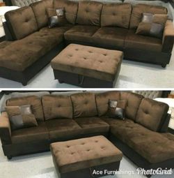 Brand New Brown Microfiber Sectional With Storage Ottoman &2 Decorative Pillows