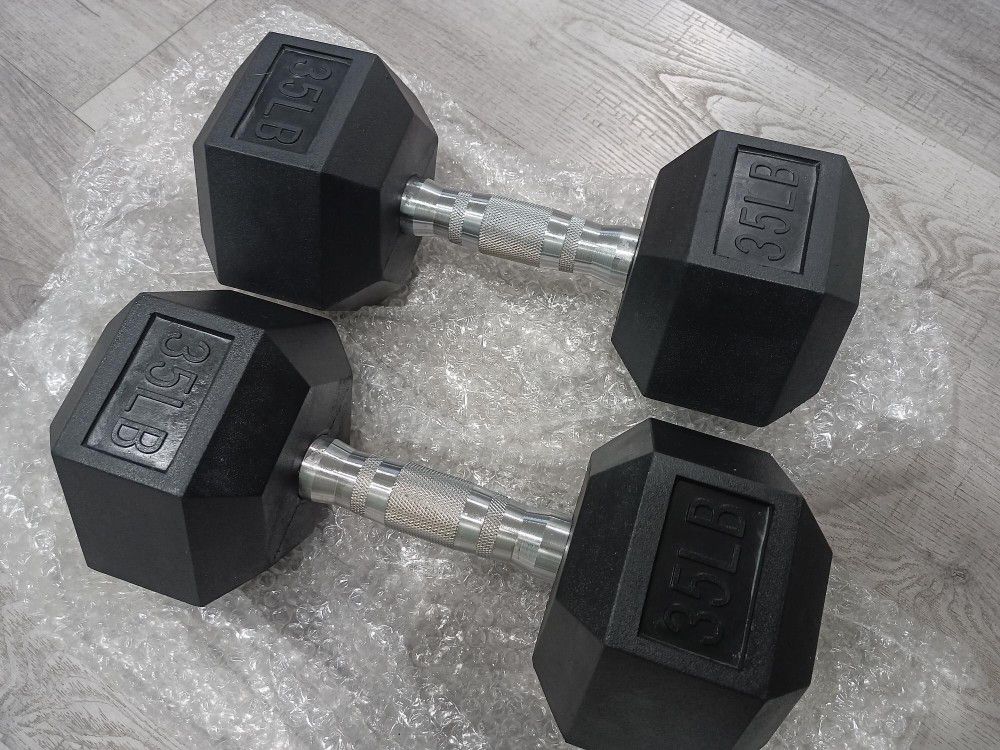 Pair of NEW 35LB Dumbbells Rubber Encased Hex Exercise Fitness Weight Strength Training