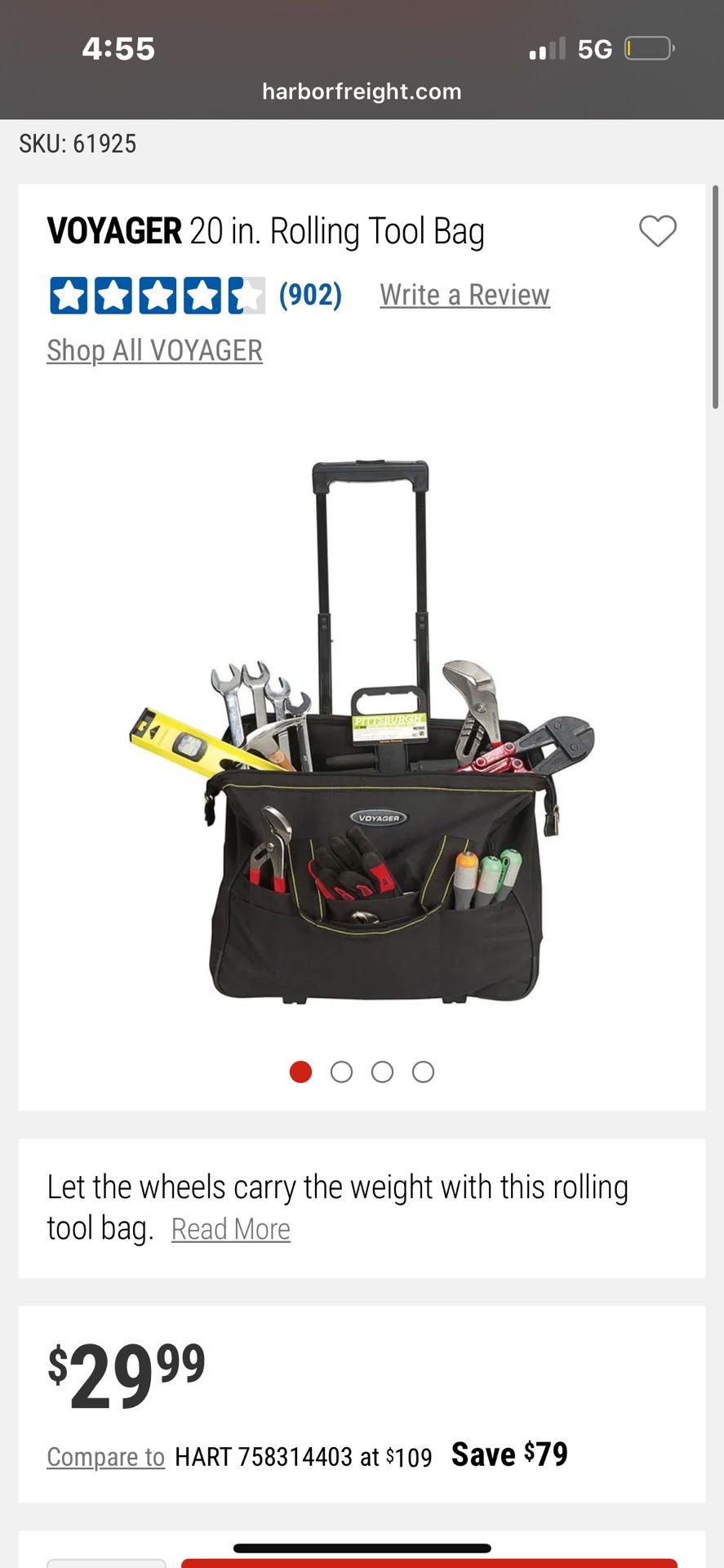 Voyager Rolling Zippered Tool Bag With Telescoping Handle