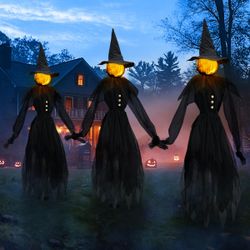 Brand New Halloween Decorations Outdoor 4.9 FT Glowing Head Witches Set of 3