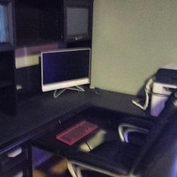 Desk With Chair, HP Computer,And Fax And Printer 