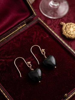 Black Heart Drop Earrings Gold Hook