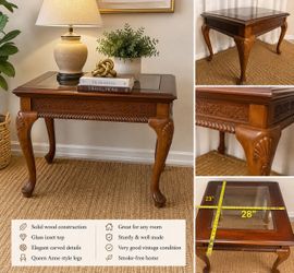 Vintage Solid Wood Queen Anne Accent Side Table with Glass Inset Top