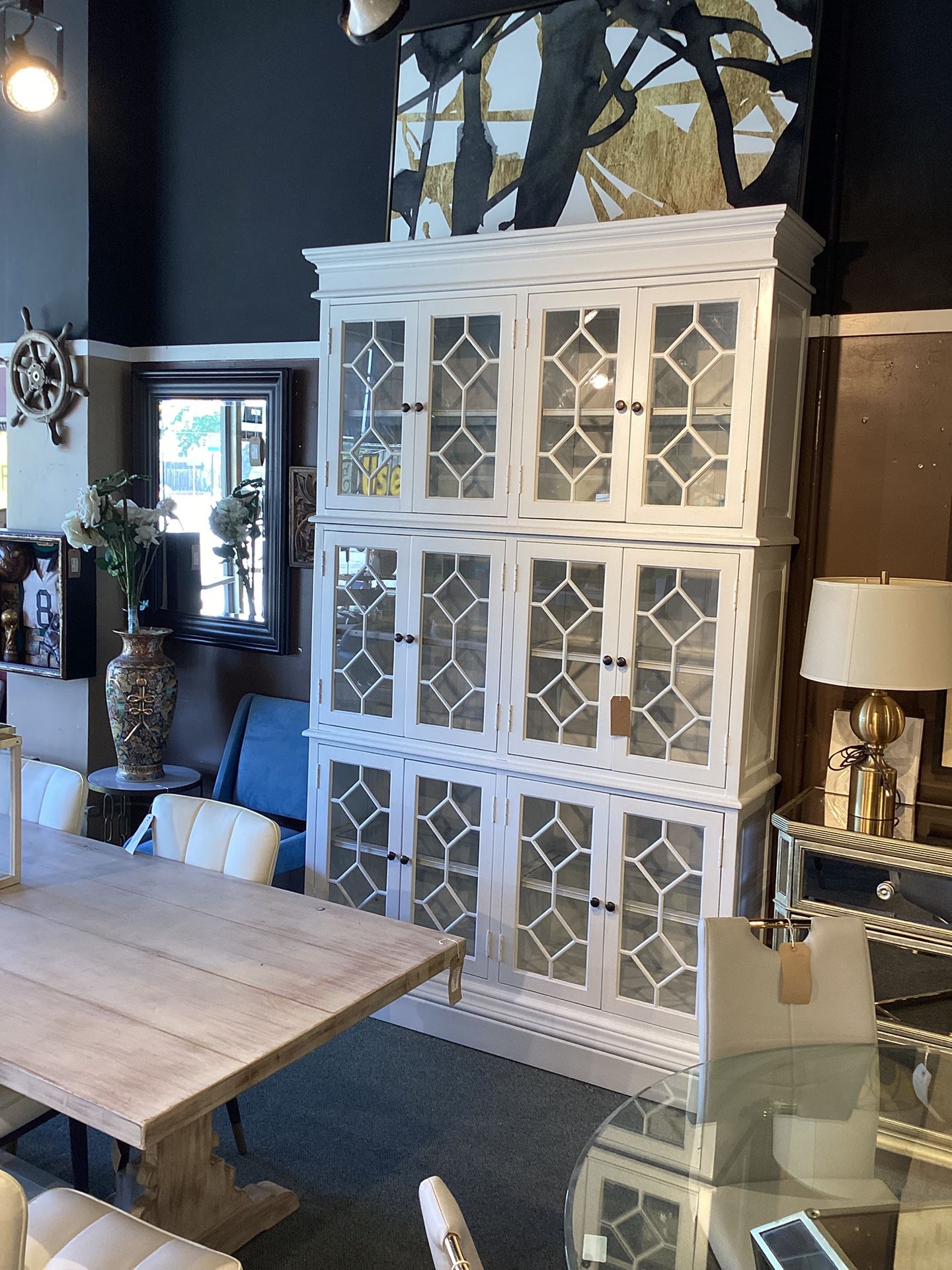 3 Piece White Cabinet W/ 12 Glass Doors, 8 Glass Shelves & Lighting As Is (missing Light Plug) SKU P3SJYJ