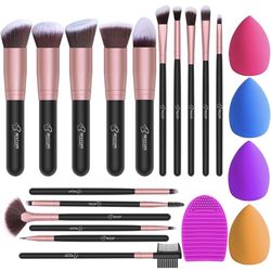 TEATTY Makeup Brushes 18 PCs Makeup Brush Set 2 PCS Silicone Face Mask Brush&4 Blender Sponge&1 Brush Cleaner Premium Synthetic Foundation Powder Conc